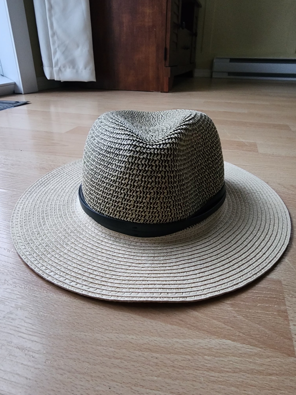 Women's Two-Tone Straw Fedora Hat with Black Band - Beige/Tan